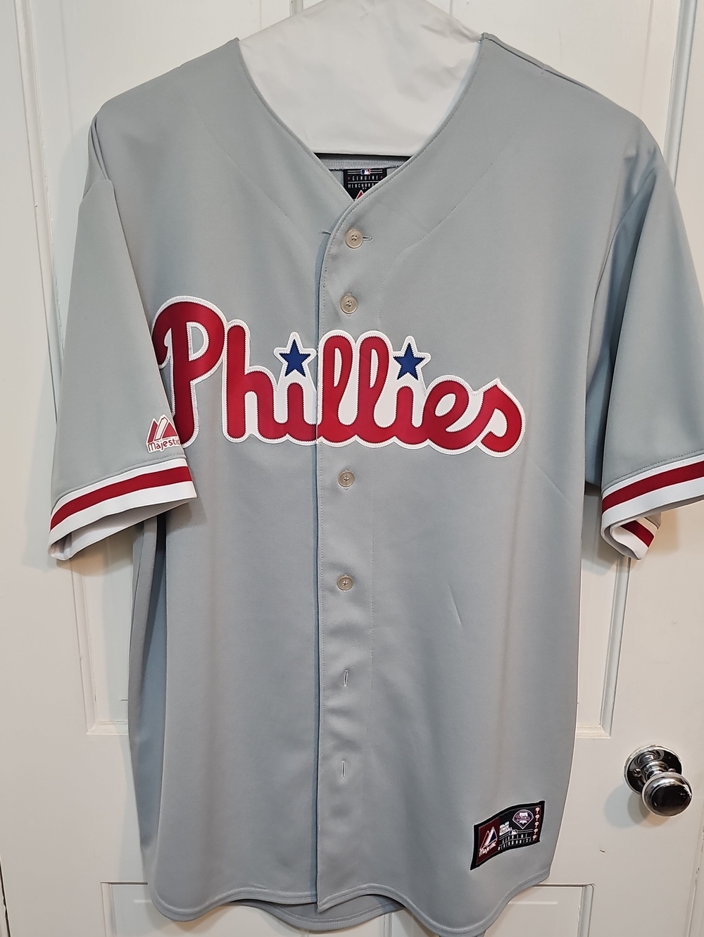 Majestic Grey Phillies Youth Baseball Jersey with Red Script